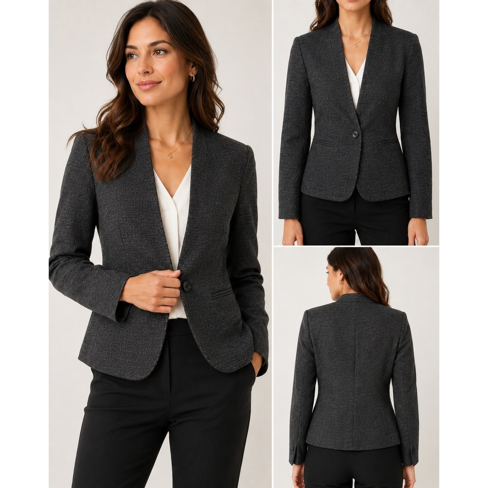 Loft Blazer Textured Charcoal Grey Single Button Collarless Size 2 Professional